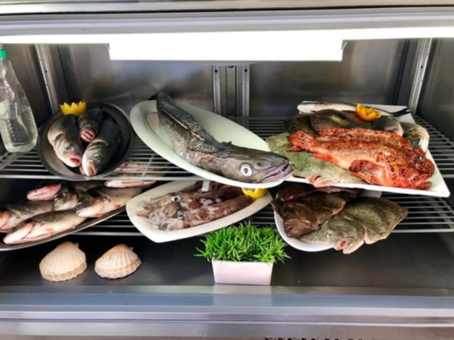 Expositor refrigerado del restaurante con la selección de pescado disponible